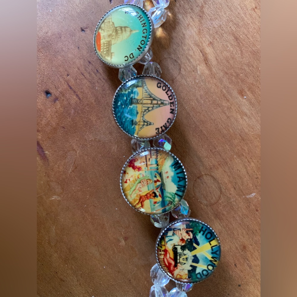 Crystal bead bracelet with vintage souvenir buttons